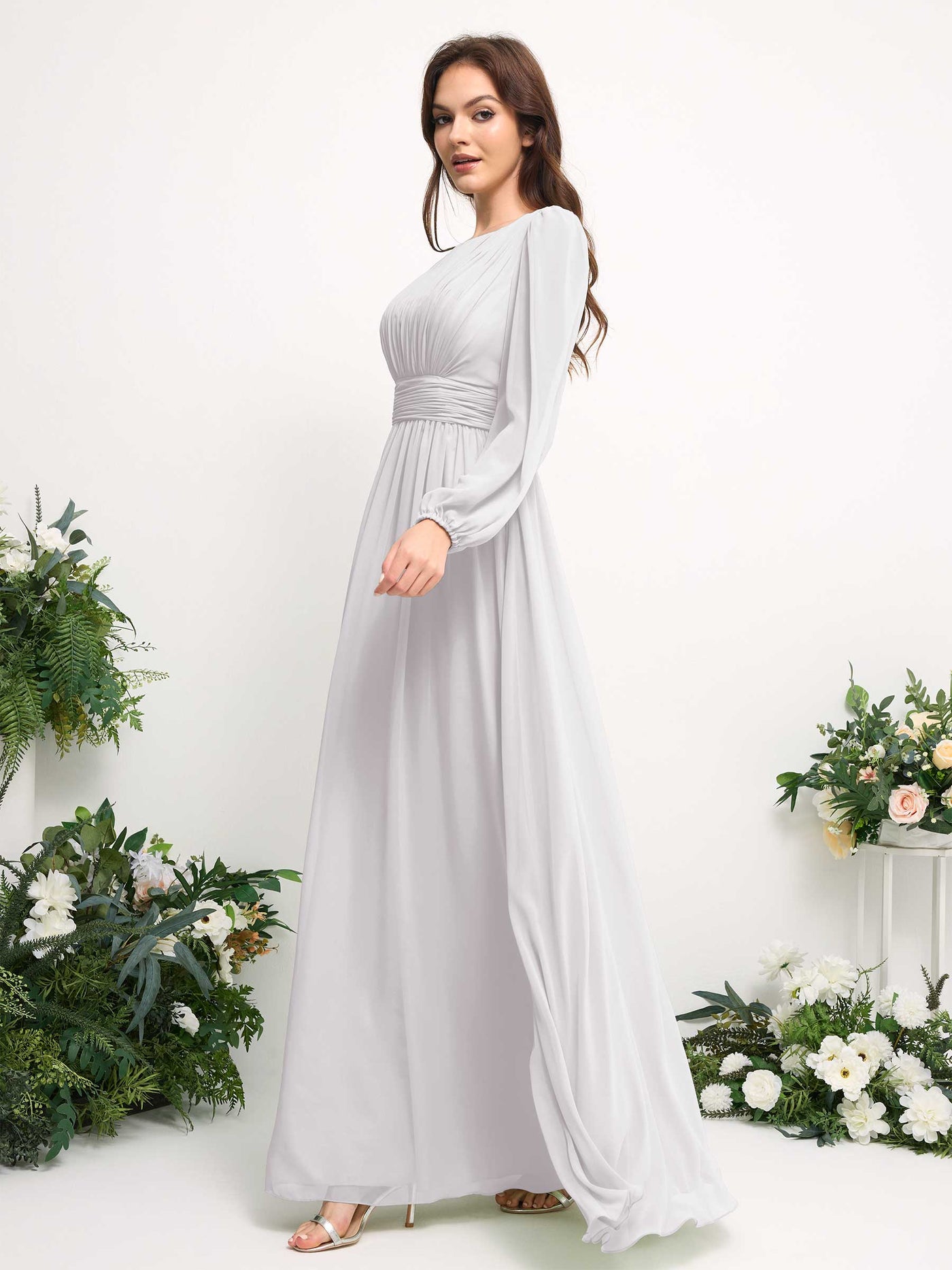 Boat Neck Long Sleeve Chiffon Maxi Dress | Elegant A-Line Bridesmaid & Wedding Guest Dress #color_white