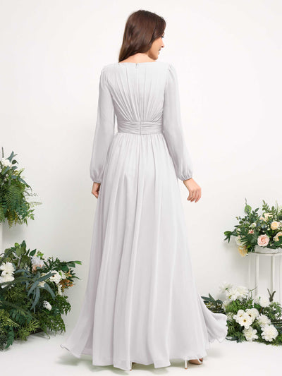 Boat Neck Long Sleeve Chiffon Maxi Dress | Elegant A-Line Bridesmaid & Wedding Guest Dress #color_white