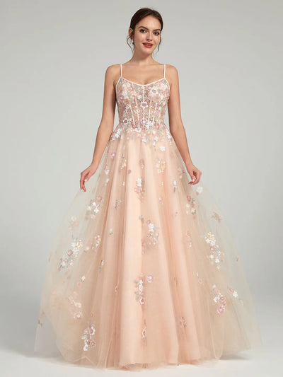 Carlyna A-Line Ball Gown with Sheer Corset Bodice and Sequin Flowers