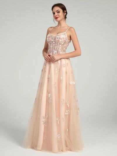 Carlyna A-Line Ball Gown with Sheer Corset Bodice and Sequin Flowers