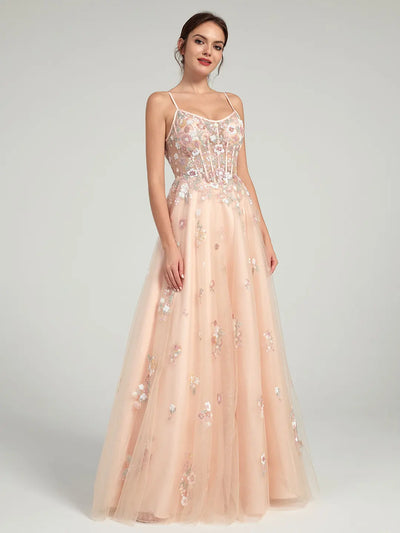Carlyna A-Line Ball Gown with Sheer Corset Bodice and Sequin Flowers
