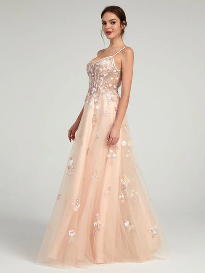Carlyna A-Line Ball Gown with Sheer Corset Bodice and Sequin Flowers