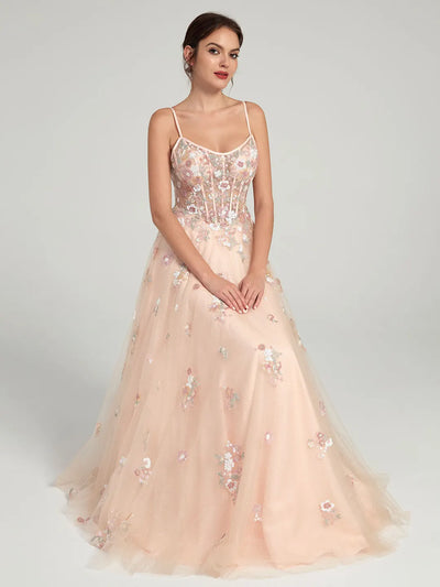 Carlyna A-Line Ball Gown with Sheer Corset Bodice and Sequin Flowers