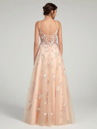 Carlyna A-Line Ball Gown with Sheer Corset Bodice and Sequin Flowers