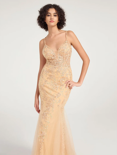 Carlyna V-Neck Lace-Up Mermaid Tulle Maxi Formal Prom Dress with Sequin Lace