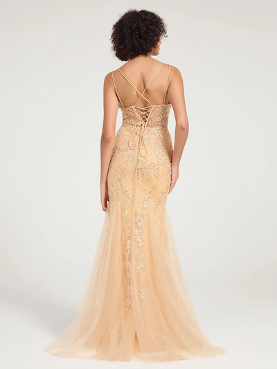 Carlyna V-Neck Lace-Up Mermaid Tulle Maxi Formal Prom Dress with Sequin Lace