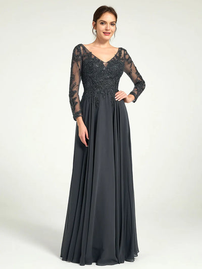 Carlyna Embroidered Long-Sleeve Mother of the Bride Gown