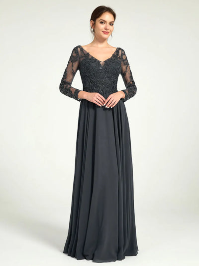 Carlyna Embroidered Long-Sleeve Mother of the Bride Gown