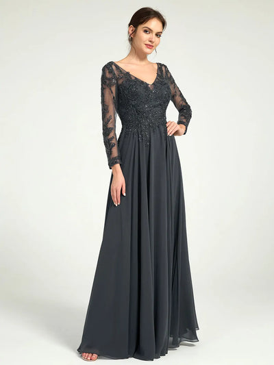Carlyna Embroidered Long-Sleeve Mother of the Bride Gown