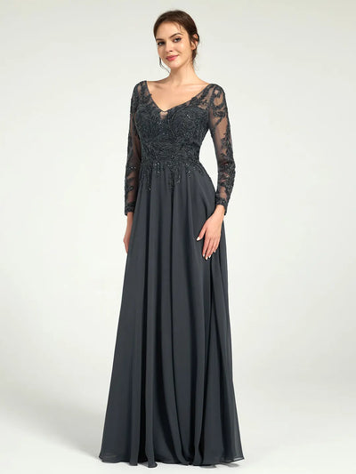 Carlyna Embroidered Long-Sleeve Mother of the Bride Gown