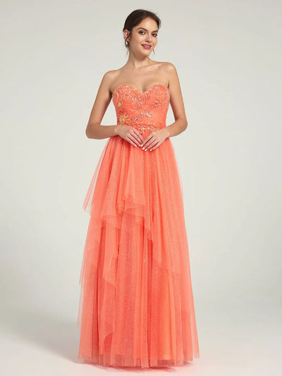Carlyna A-Line Maxi Dress with Sweetheart Neckline and Beaded Floral Embellishments