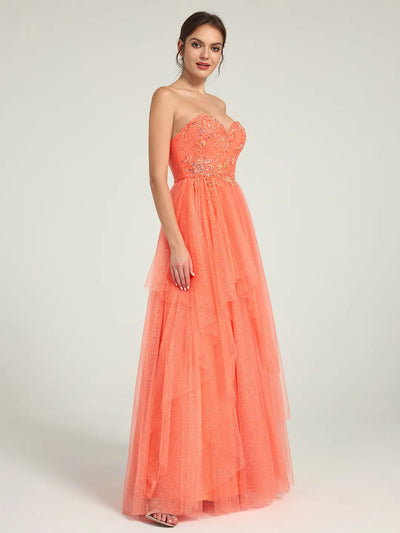 Carlyna A-Line Maxi Dress with Sweetheart Neckline and Beaded Floral Embellishments