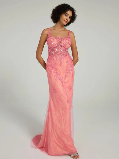 Carlyna Mermaid Lace Gown with Rhinestone Corset and Spaghetti Straps