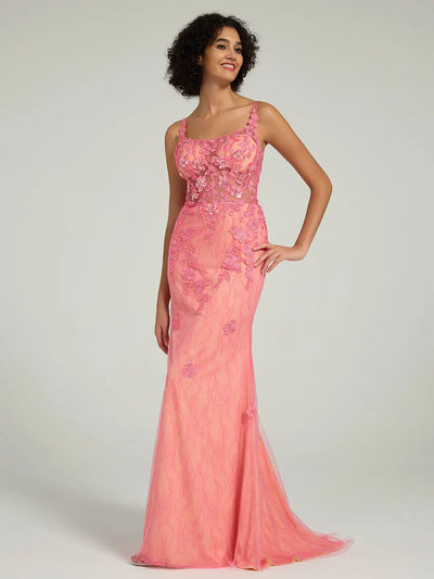 Carlyna Mermaid Lace Gown with Rhinestone Corset and Spaghetti Straps