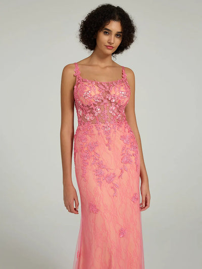 Carlyna Mermaid Lace Gown with Rhinestone Corset and Spaghetti Straps