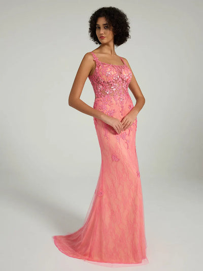 Carlyna Mermaid Lace Gown with Rhinestone Corset and Spaghetti Straps