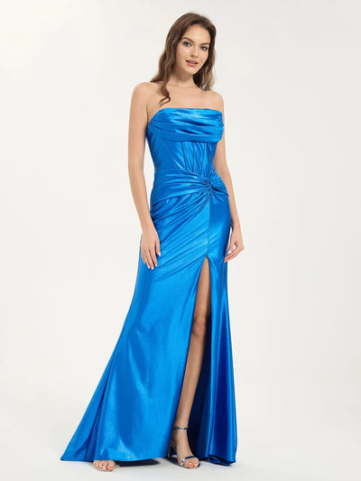 Cowl Neck A-Line Maxi Dress with Waist Pleats and Leg Slit in Metallic Stretch Satin