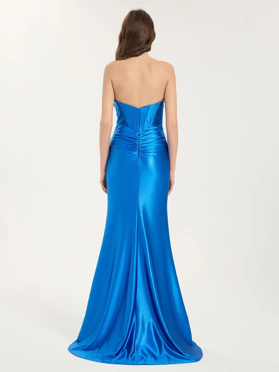 Cowl Neck A-Line Maxi Dress with Waist Pleats and Leg Slit in Metallic Stretch Satin