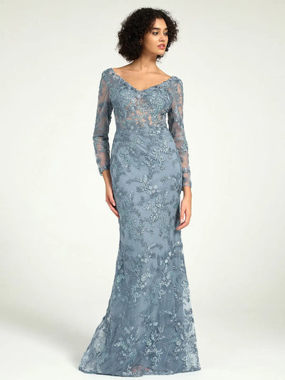 Carlyna Elegant Misty Blue Long-Sleeve Lace Mother of the Bride Gown