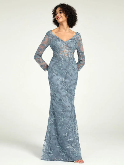 Carlyna Elegant Misty Blue Long-Sleeve Lace Mother of the Bride Gown