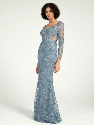 Carlyna Elegant Misty Blue Long-Sleeve Lace Mother of the Bride Gown