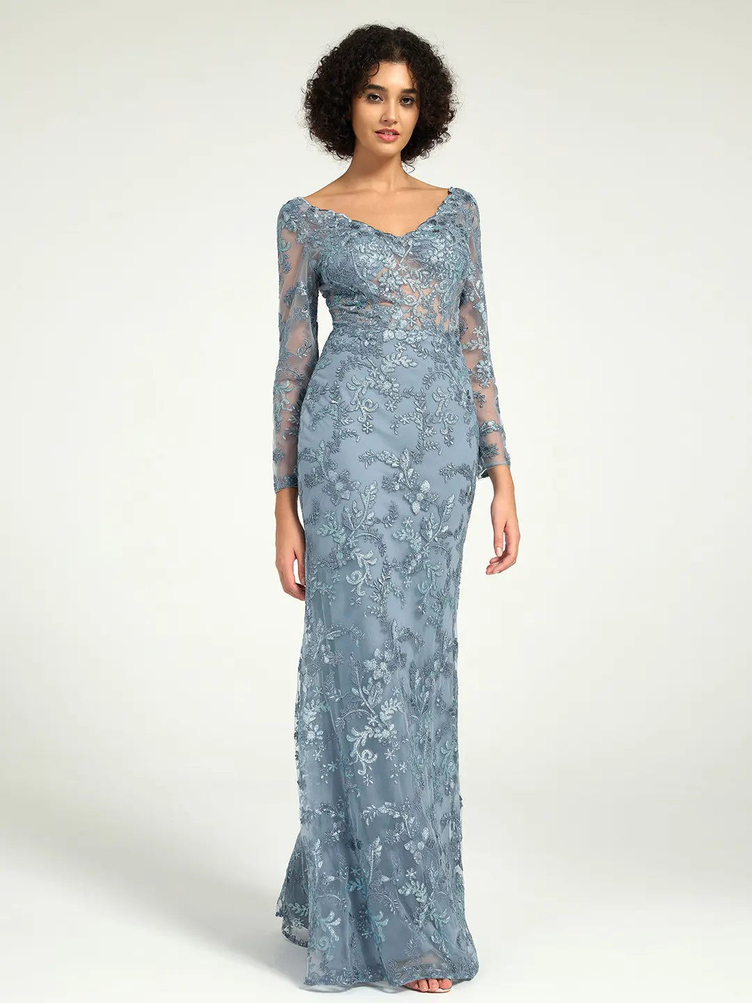 Misty Blue Long-Sleeve Lace Mother of the Bride Gown