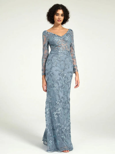 Carlyna Elegant Misty Blue Long-Sleeve Lace Mother of the Bride Gown