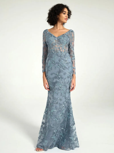 Carlyna Elegant Misty Blue Long-Sleeve Lace Mother of the Bride Gown