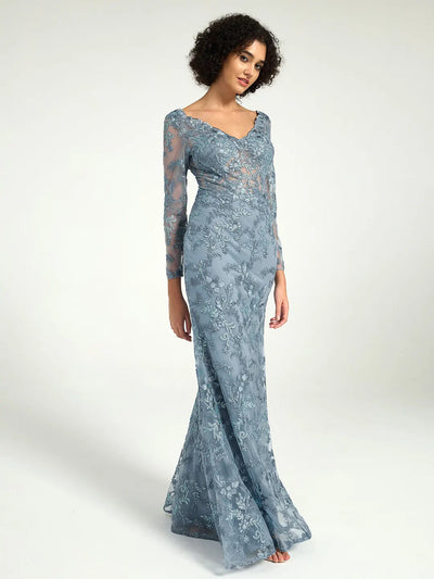 Carlyna Elegant Misty Blue Long-Sleeve Lace Mother of the Bride Gown