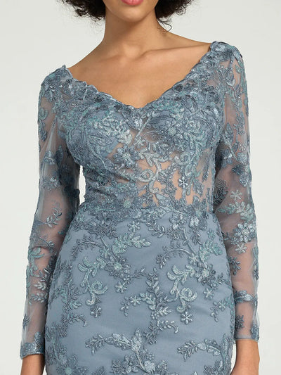 Carlyna Elegant Misty Blue Long-Sleeve Lace Mother of the Bride Gown