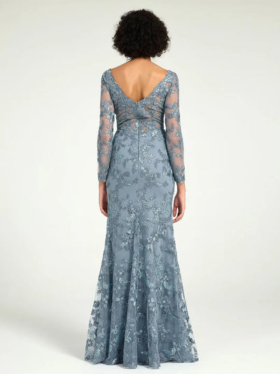 Carlyna Elegant Misty Blue Long-Sleeve Lace Mother of the Bride Gown
