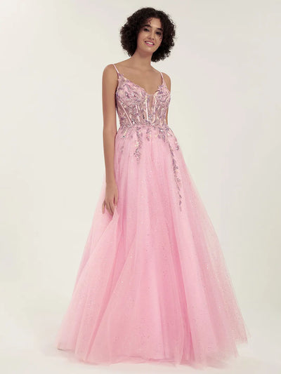 Carlyna Embellished Tulle Gown with Beaded Floral Deep V-Neck & Strappy Open Back