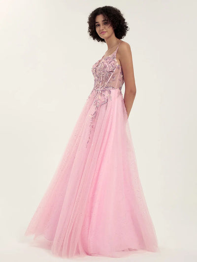 Carlyna Embellished Tulle Gown with Beaded Floral Deep V-Neck & Strappy Open Back
