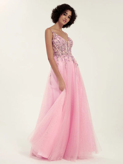 Carlyna Embellished Tulle Gown with Beaded Floral Deep V-Neck & Strappy Open Back