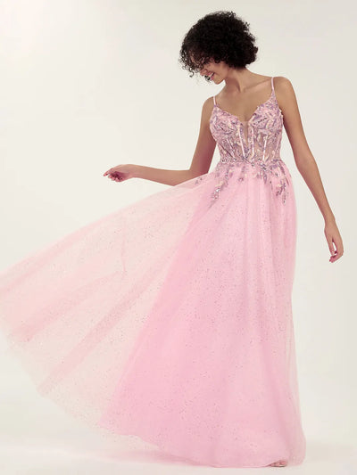 Carlyna Embellished Tulle Gown with Beaded Floral Deep V-Neck & Strappy Open Back