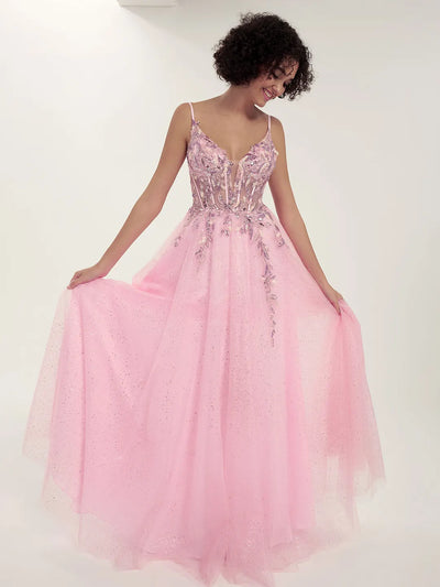Carlyna Embellished Tulle Gown with Beaded Floral Deep V-Neck & Strappy Open Back