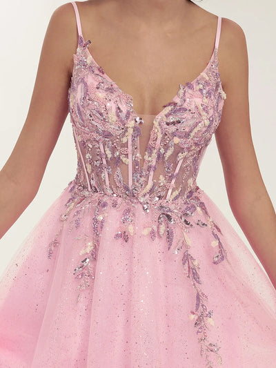 Carlyna Embellished Tulle Gown with Beaded Floral Deep V-Neck & Strappy Open Back