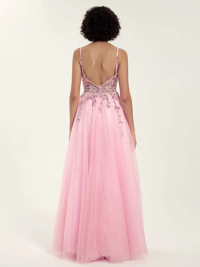 Carlyna Embellished Tulle Gown with Beaded Floral Deep V-Neck & Strappy Open Back