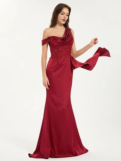 Embroidered One Shoulder Sweep Train Satin Mermaid Maxi Dress