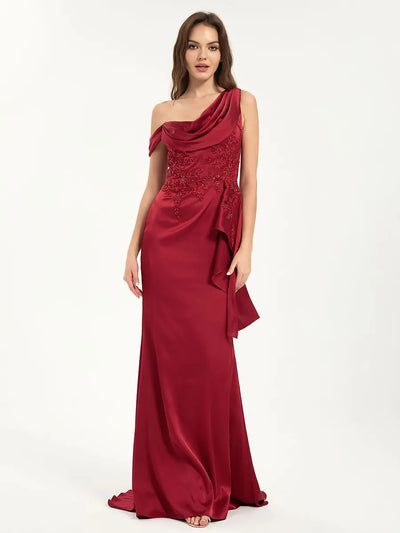 Embroidered One Shoulder Sweep Train Satin Mermaid Maxi Dress