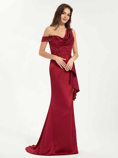 Embroidered One Shoulder Sweep Train Satin Mermaid Maxi Dress