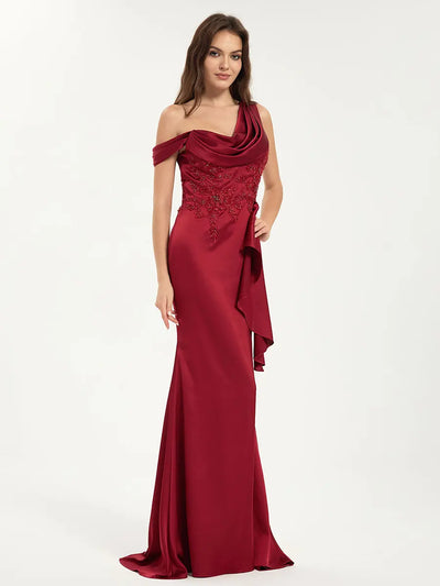 Embroidered One Shoulder Sweep Train Satin Mermaid Maxi Dress