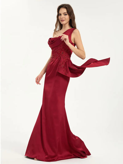 Embroidered One Shoulder Sweep Train Satin Mermaid Maxi Dress