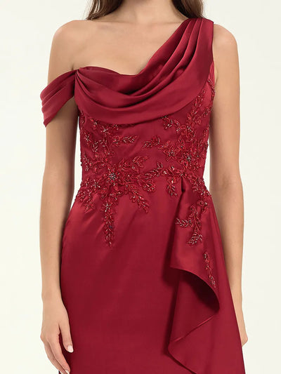 Embroidered One Shoulder Sweep Train Satin Mermaid Maxi Dress