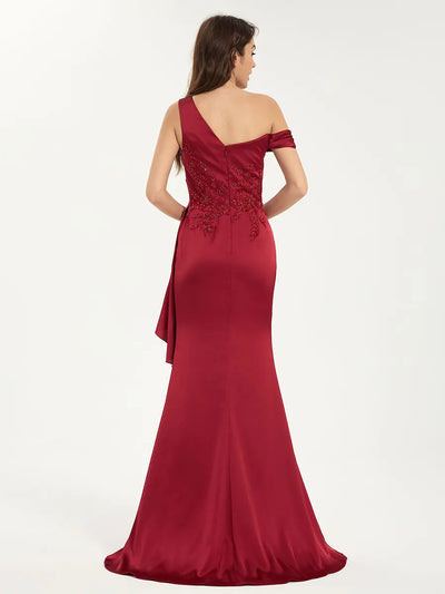 Embroidered One Shoulder Sweep Train Satin Mermaid Maxi Dress