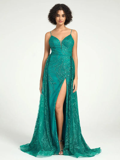 Carlyna Sequin Tulle Mermaid V-Neck Dress with Strappy Back & Sweep Train