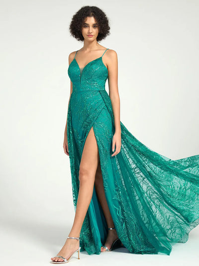 Carlyna Sequin Tulle Mermaid V-Neck Dress with Strappy Back & Sweep Train