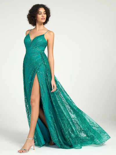 Carlyna Sequin Tulle Mermaid V-Neck Dress with Strappy Back & Sweep Train
