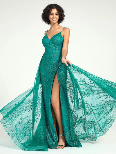 Carlyna Sequin Tulle Mermaid V-Neck Dress with Strappy Back & Sweep Train