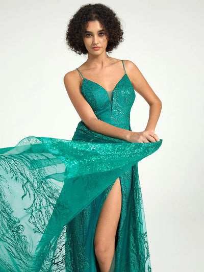 Carlyna Sequin Tulle Mermaid V-Neck Dress with Strappy Back & Sweep Train